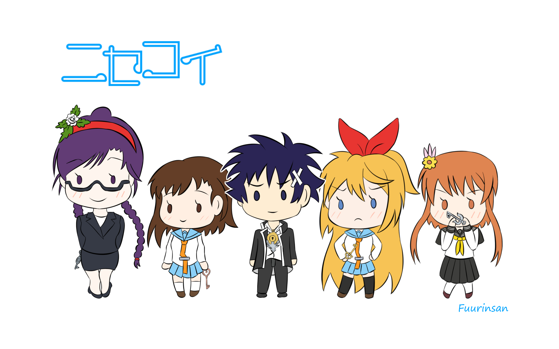 Chibi Nisekoi cast — Raku Ichijō, Chitoge Kirisaki, Kosaki Onodera, Marika Tachibana, Yui Kanakura — standing in school uniforms on a white HD PC wallpaper; some have short hair and brown eyes/hair.