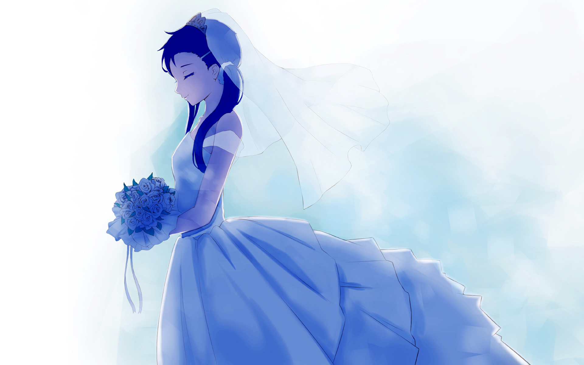 HD PC desktop wallpaper featuring Kosaki Onodera from the anime Nisekoi, depicted in a serene bridal gown holding a bouquet against a soft blue background.