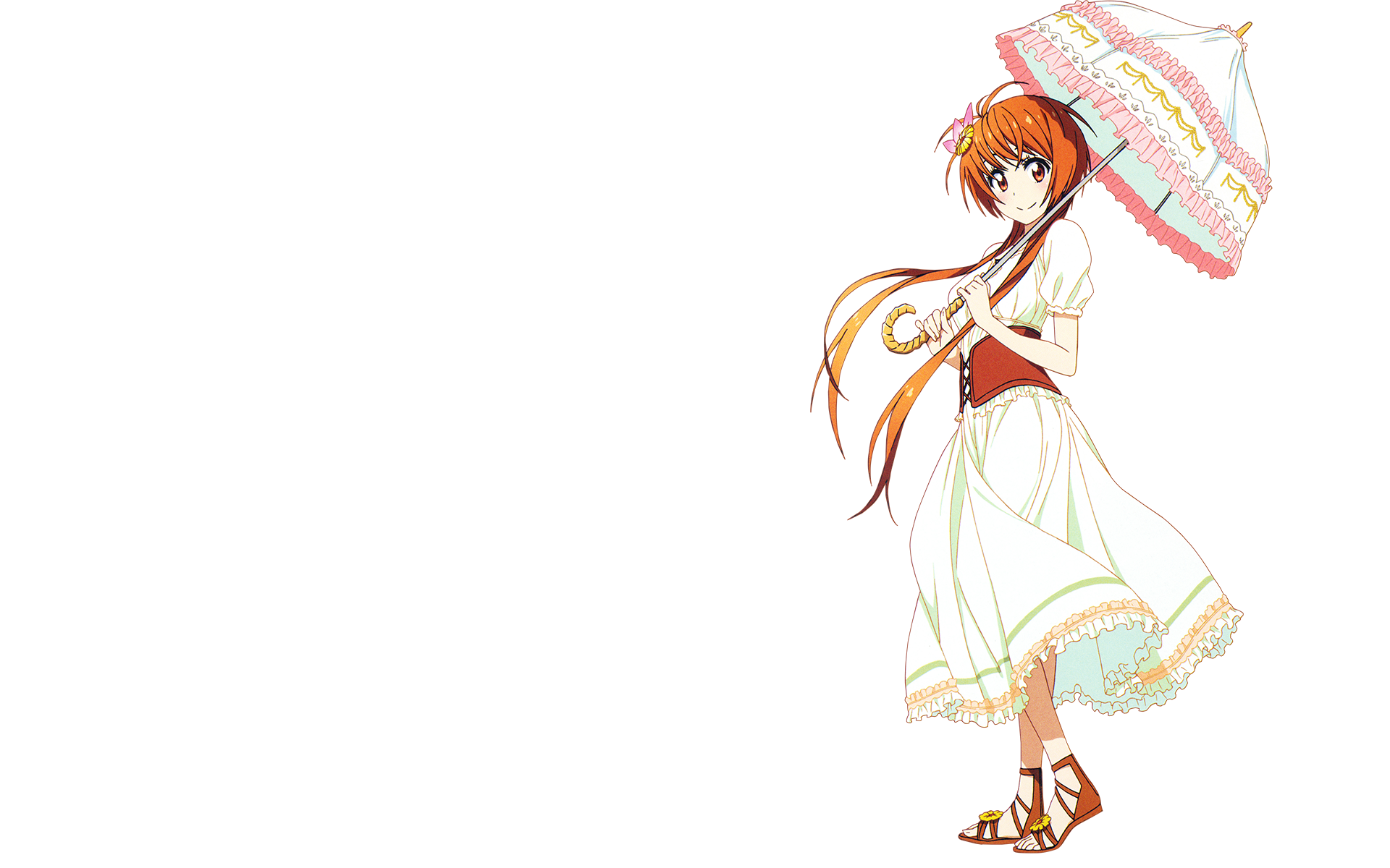 Marika Tachibana (Nisekoi) in a white summer dress holding a parasol, standing to the right on a clean white background — HD PC desktop wallpaper.
