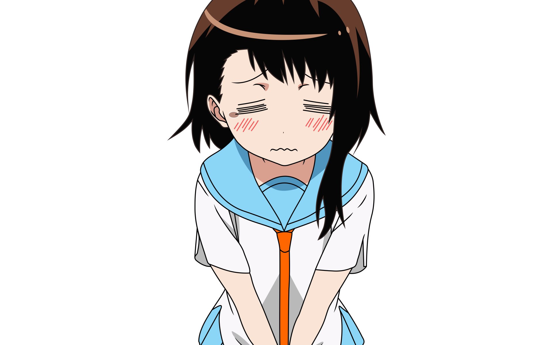 Kosaki Onodera from the anime Nisekoi, shown with a shy expression in a school uniform, rendered as an 8K Ultra HD PC desktop wallpaper background.
