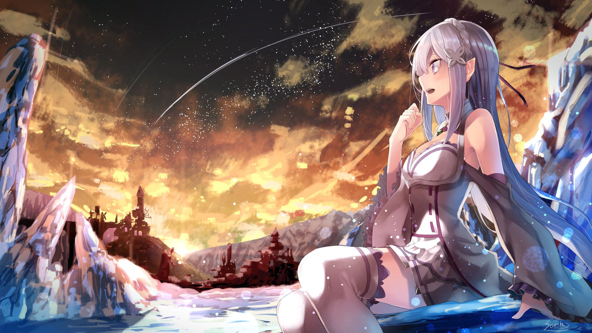 HD desktop wallpaper featuring Emilia from Re:Zero - Starting Life in Another World. Emilia sits beside a serene, icy lake with a mesmerizing sunset in the background.