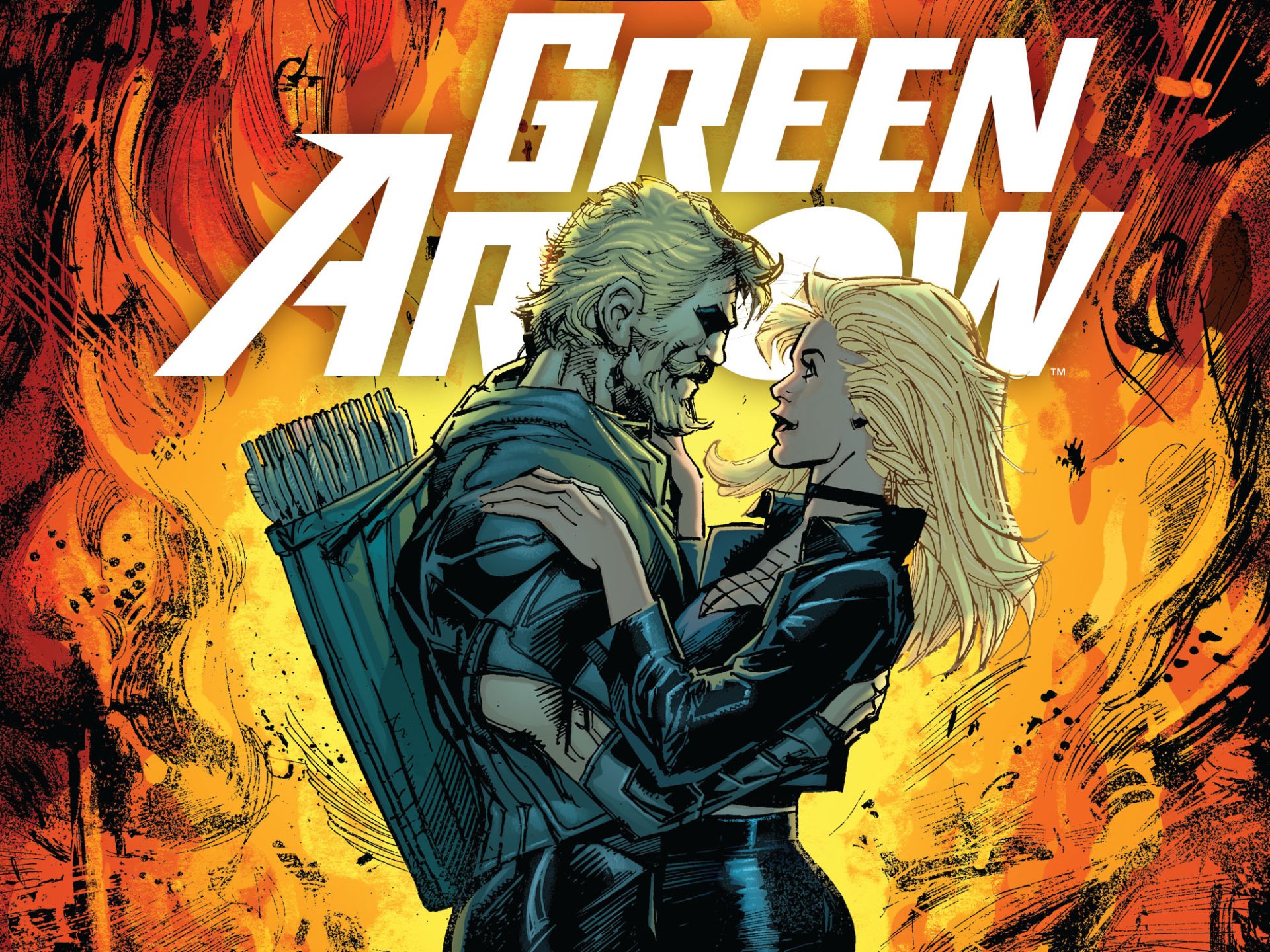 HD PC desktop wallpaper/background: DC Comics' Green Arrow and Black Canary embrace against a fiery, comic-book backdrop.
