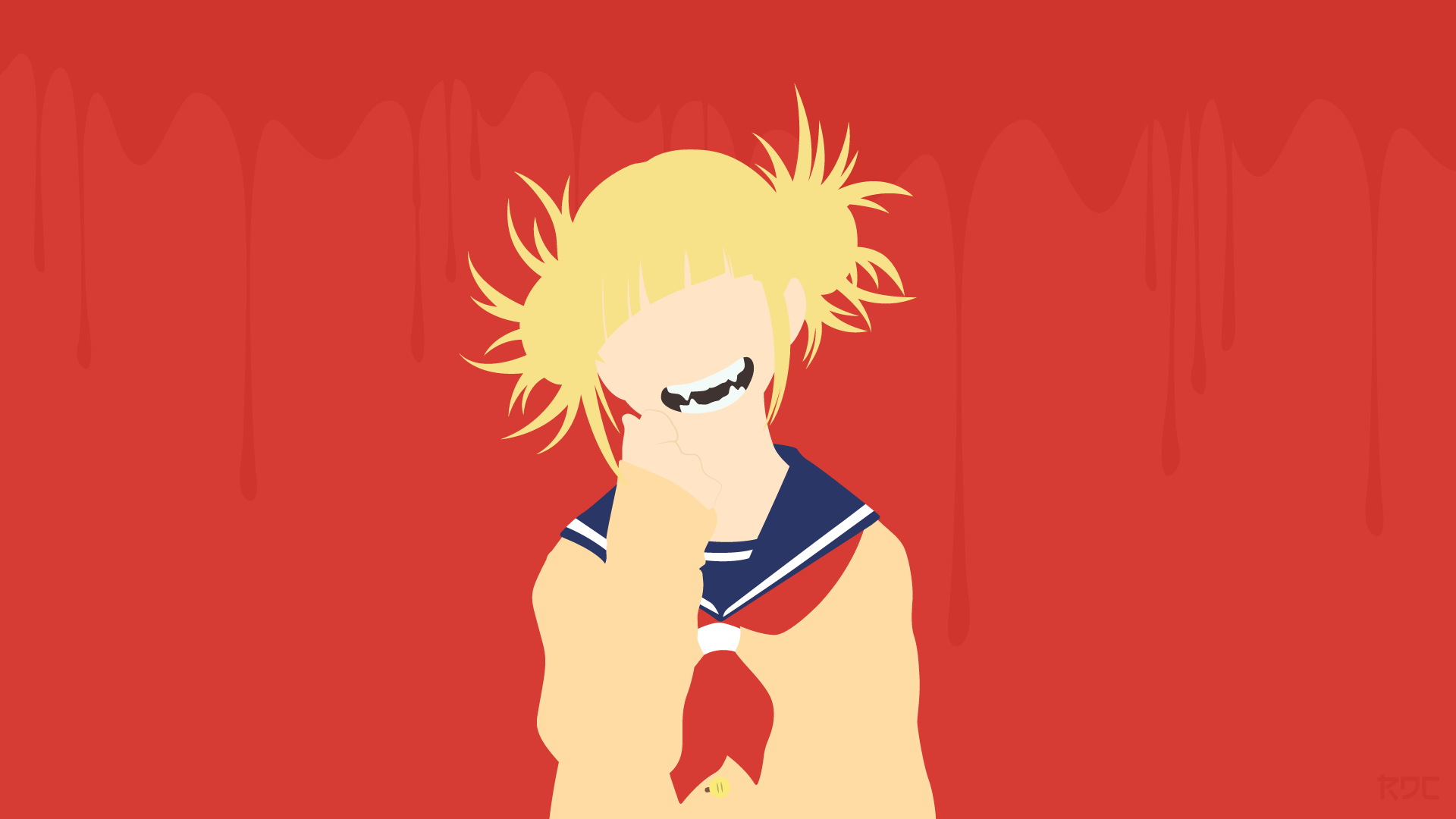 Minimalist 4K Ultra HD anime wallpaper of Himiko Toga from My Hero Academia, featuring her blonde hair, sharp fangs, and a smile against a red background.