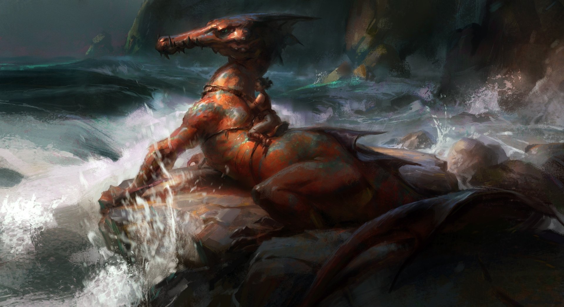 A fantasy creature resembling a dragon reclining on rocky coastlines, with waves crashing around, designed in vivid HD for a PC desktop wallpaper.