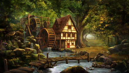 A HD desktop wallpaper and background depicting an artistic painting of a watermill in a lush forest, with a wooden bridge leading to the mill, surrounded by trees and a gentle stream.
