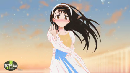 HD desktop wallpaper featuring Kosaki Onodera from the anime Nisekoi, depicting her smiling gently with wind-swept hair against a soft sunset sky.