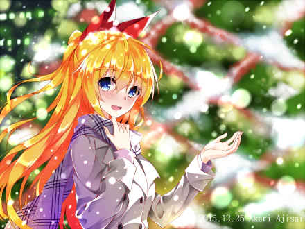 HD PC desktop wallpaper of Chitoge Kirisaki (Nisekoi): smiling blonde with red ribbon and purple scarf, reaching out amid snowy, bokeh-lit winter trees.