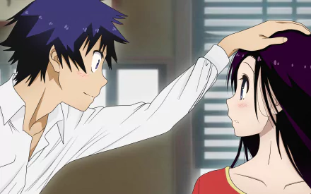 Yui Kanakura and Raku Ichijō from Nisekoi — Raku gently pats Yui's blushing head; HD PC desktop wallpaper/background.