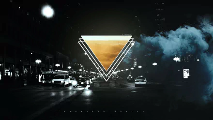 HD PC desktop wallpaper featuring a nighttime city street with traffic, enveloped in smoke and framed by a glowing geometric triangle, creating an artistic polyscape effect.