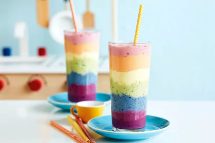 HD desktop wallpaper featuring colorful, layered smoothies in tall glasses with straws, set on blue plates alongside a small yellow cup. The background is a bright kitchen scene. Tags: drink, food, smoothie.