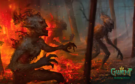 HD PC desktop wallpaper from the video game Gwent: The Witcher Card Game, featuring fiery, menacing creatures in a dark, forested environment.