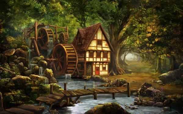 A HD desktop wallpaper and background depicting an artistic painting of a watermill in a lush forest, with a wooden bridge leading to the mill, surrounded by trees and a gentle stream.