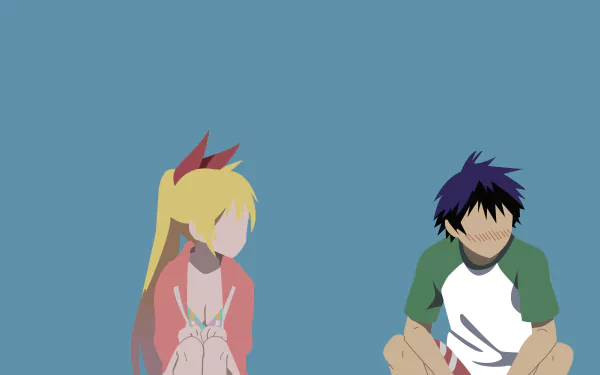 Minimalist 4K Ultra HD anime wallpaper featuring faceless Raku Ichijō and Chitoge Kirisaki from Nisekoi, set against a solid blue background.