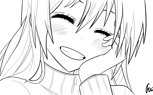 Chitoge Kirisaki (Nisekoi) smiling and blushing with hand on her cheek in black-and-white line art — 4K Ultra HD PC desktop wallpaper/background.
