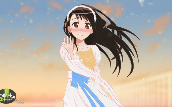 HD desktop wallpaper featuring Kosaki Onodera from the anime Nisekoi, depicting her smiling gently with wind-swept hair against a soft sunset sky.