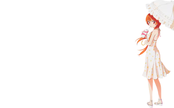 HD PC desktop wallpaper featuring Marika Tachibana from the anime Nisekoi, dressed in a white summer outfit holding a parasol against a plain white background.