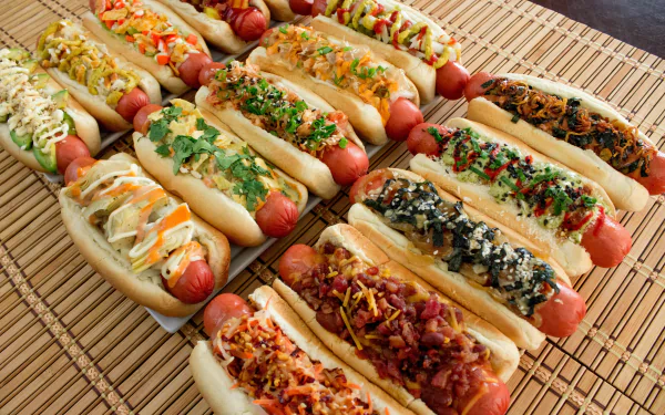 HD desktop wallpaper featuring an array of colorful hot dogs topped with various fresh ingredients on a woven placemat.