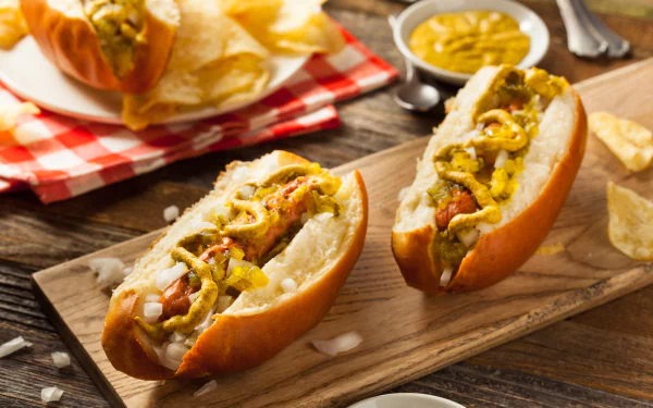 4K Ultra HD PC desktop wallpaper: close-up of two loaded hot dogs on a wooden board with mustard, pickles and potato chips on a rustic table.