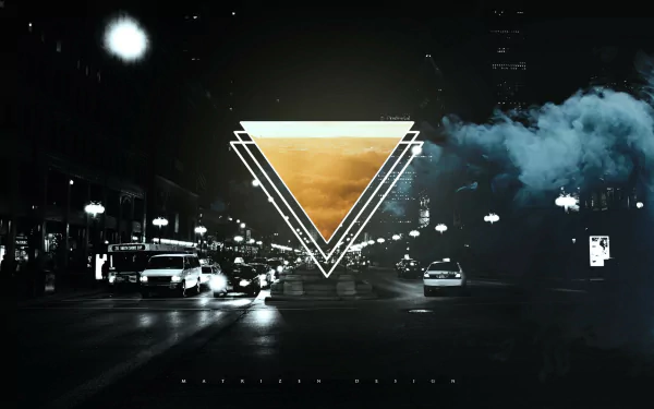 HD PC desktop wallpaper featuring a nighttime city street with traffic, enveloped in smoke and framed by a glowing geometric triangle, creating an artistic polyscape effect.