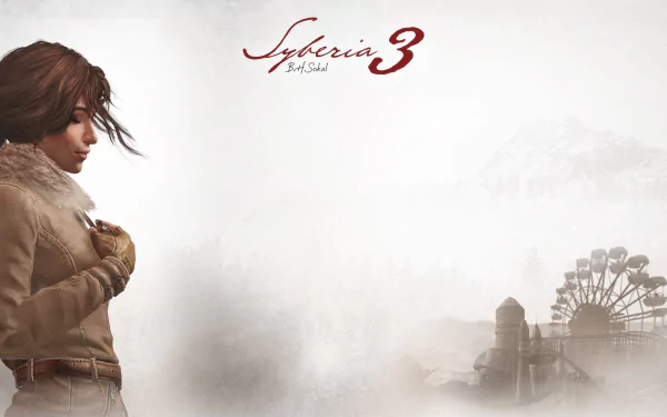 Kate Walker (Syberia), video game heroine from Syberia 3, stands in a fur-lined coat against a misty snowy landscape with a distant ferris wheel — HD PC desktop wallpaper