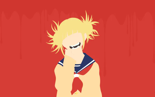 Minimalist 4K Ultra HD anime wallpaper of Himiko Toga from My Hero Academia, featuring her blonde hair, sharp fangs, and a smile against a red background.