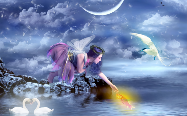 Fantasy Fairy Wings Water Fish Bird Cloud Moon HD Wallpaper | Background Image
