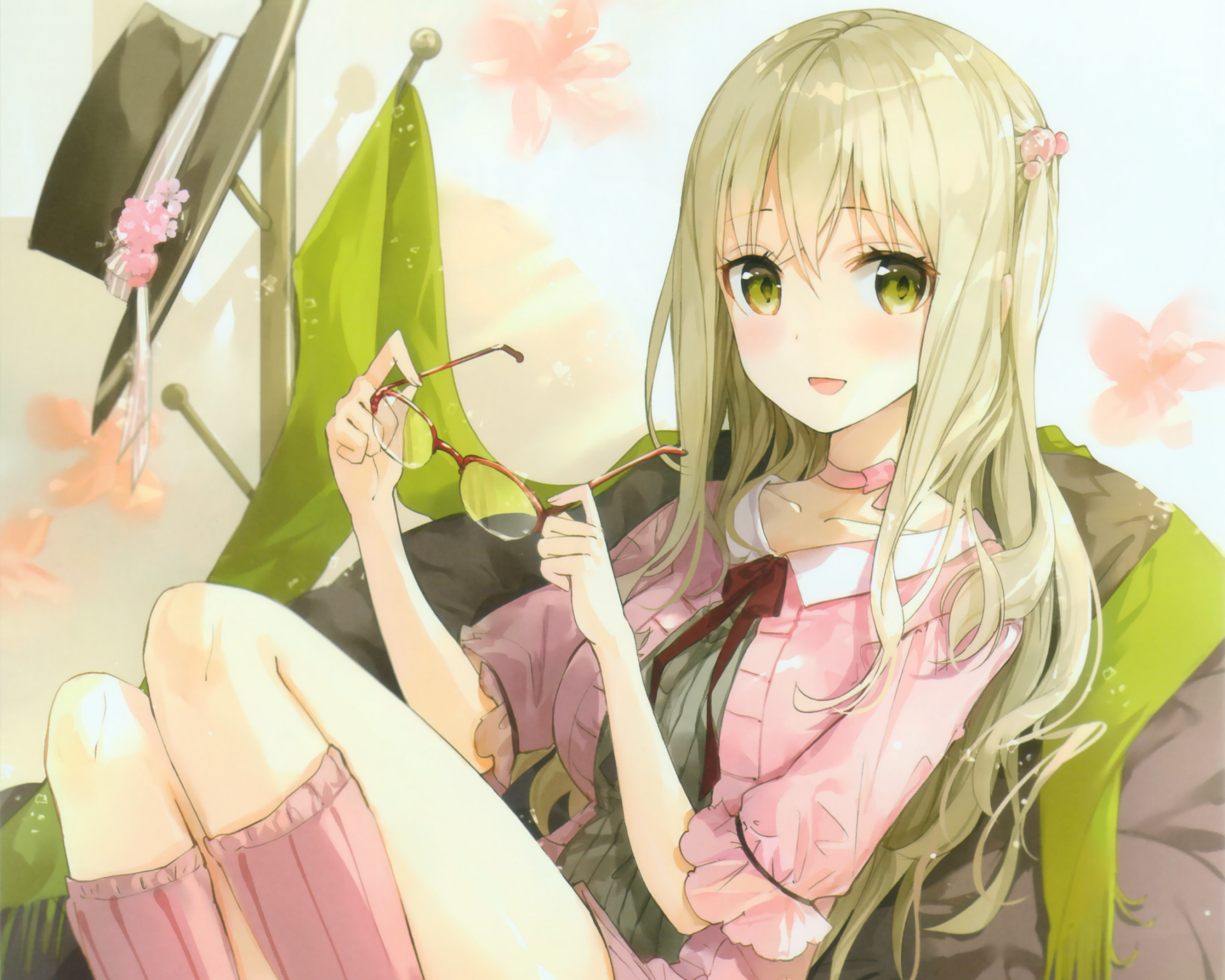 A high-definition desktop wallpaper featuring an original anime character with long blonde hair, green eyes, and a pink outfit, seated on a chair with glasses in hand and a soft, pastel background.