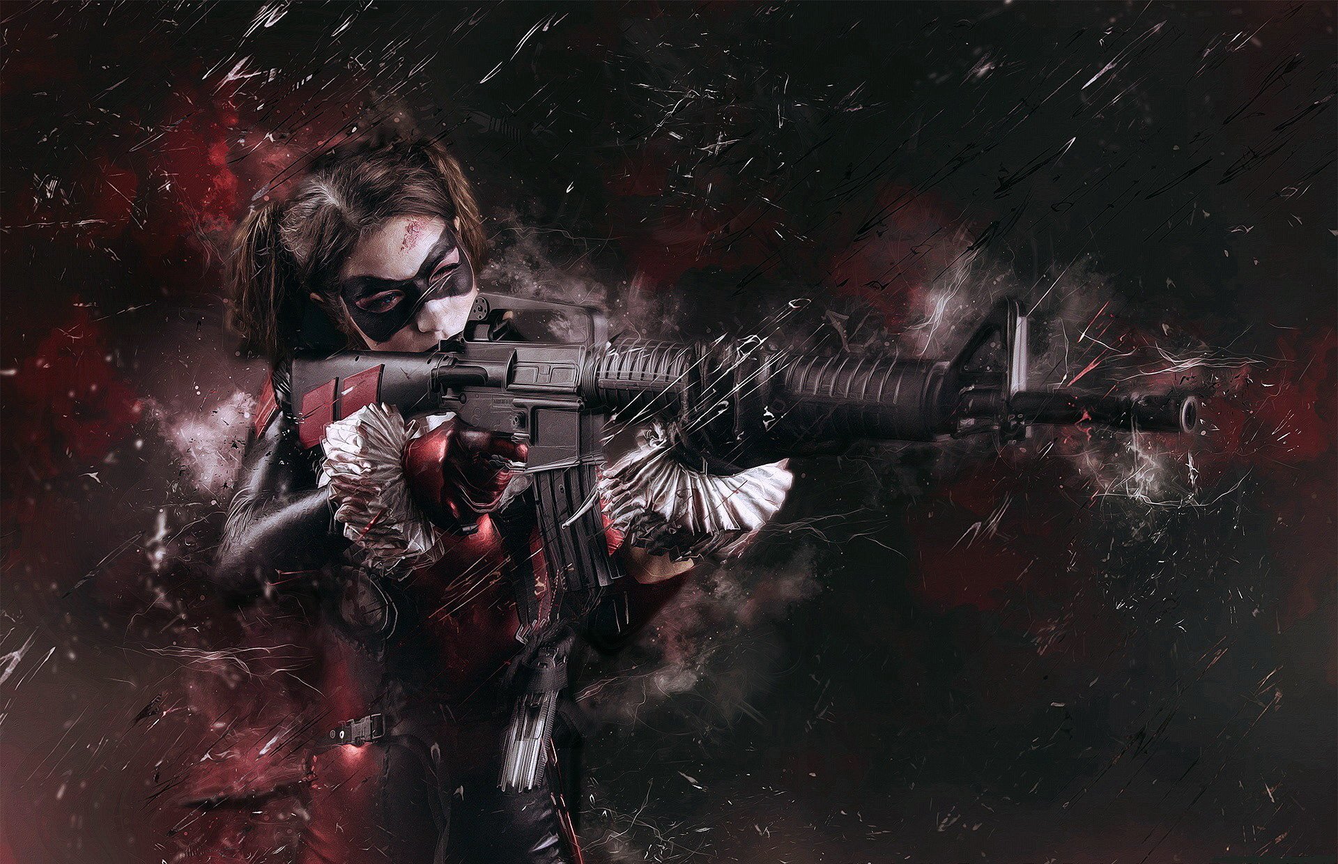 HD desktop wallpaper featuring a woman in Harley Quinn cosplay from DC Comics, holding an assault rifle. The background is dark, with a dynamic, smokey, and slightly red-tinted effect.