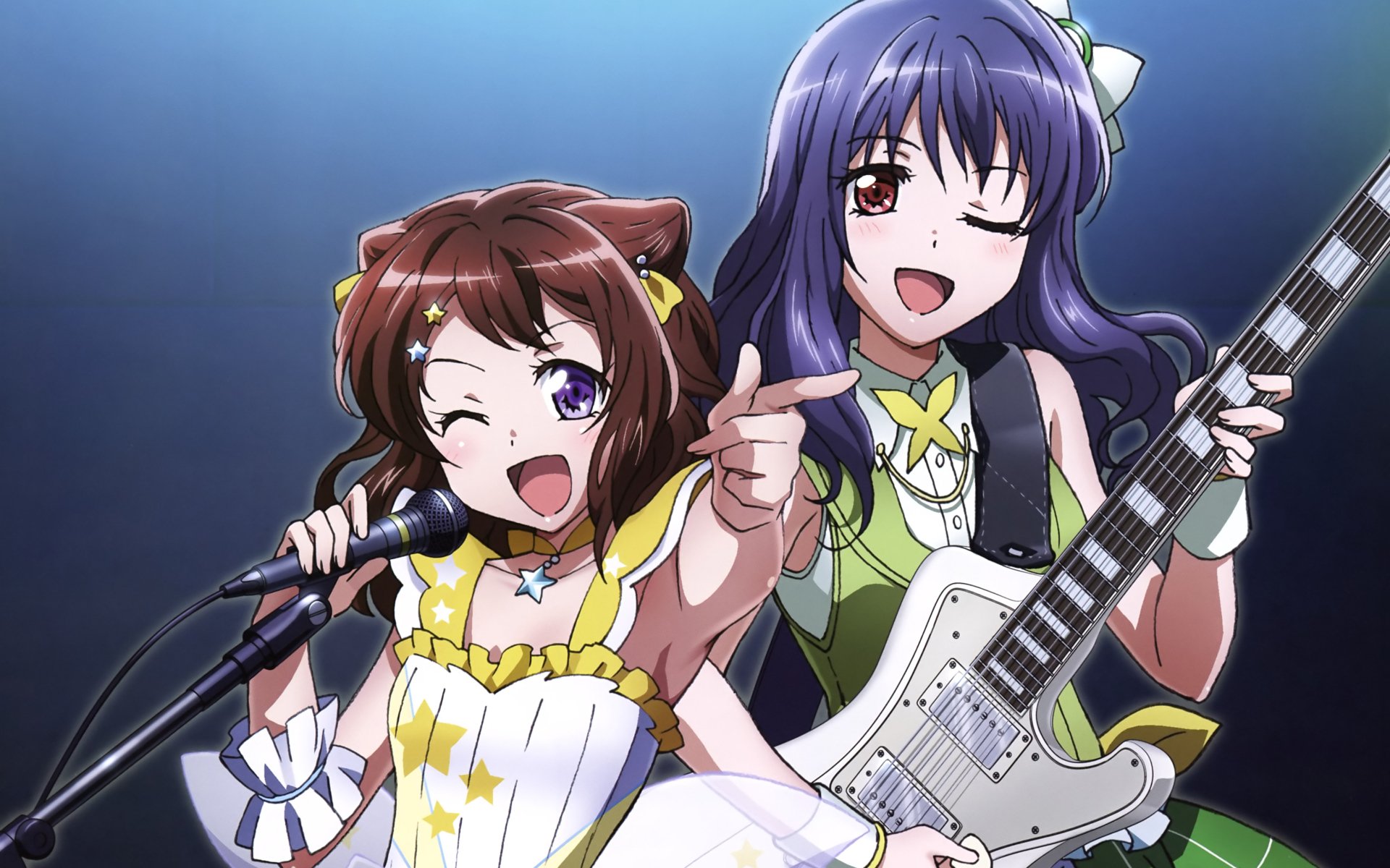 Yuri Ushigome and Kasumi Toyama from BanG Dream! perform energetically in a vibrant 4K Ultra HD anime desktop wallpaper.