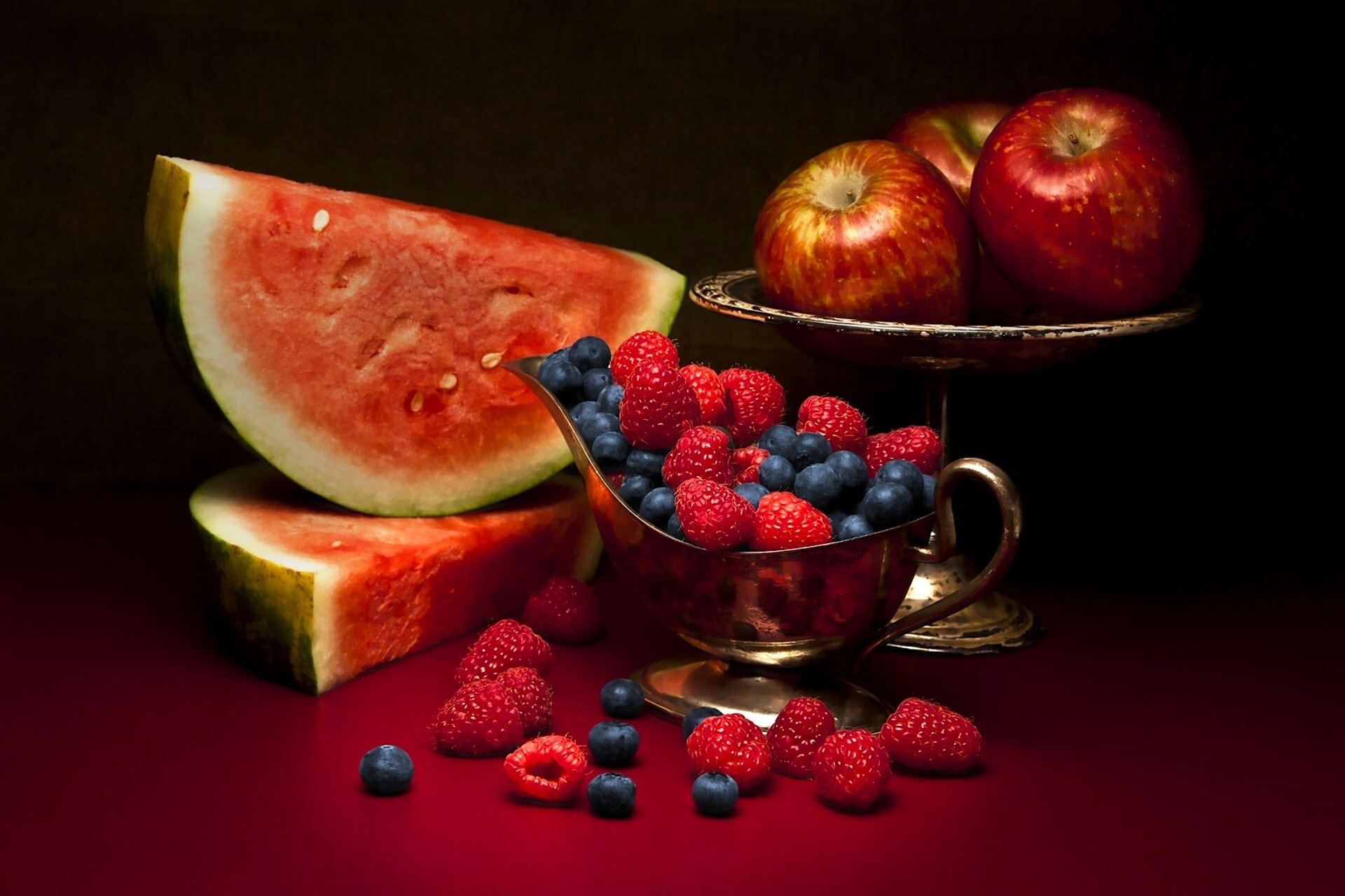 Download Blueberry Raspberry Watermelon Apple Still Life Food Fruit HD Wallpaper