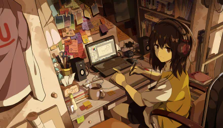 Anime girl wearing headphones in a cluttered, cozy room with a desk, laptop, and various notes on the wall. An original HD desktop wallpaper and background.