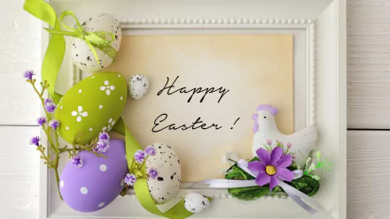 HD desktop wallpaper featuring a festive Happy Easter message adorned with colorful Easter eggs, flowers, and a charming decorative bird, capturing the holiday spirit.