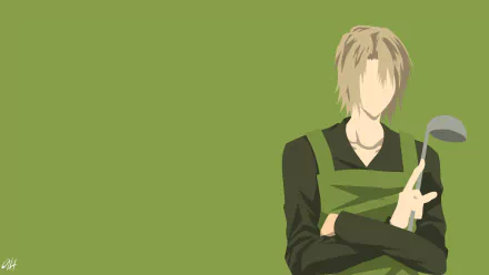 Minimalist anime-style HD desktop wallpaper featuring Shirō Ashiya from The Devil Is a Part-Timer!, rendered with simple shapes and muted green tones.
