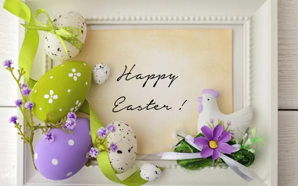 HD desktop wallpaper featuring a festive Happy Easter message adorned with colorful Easter eggs, flowers, and a charming decorative bird, capturing the holiday spirit.