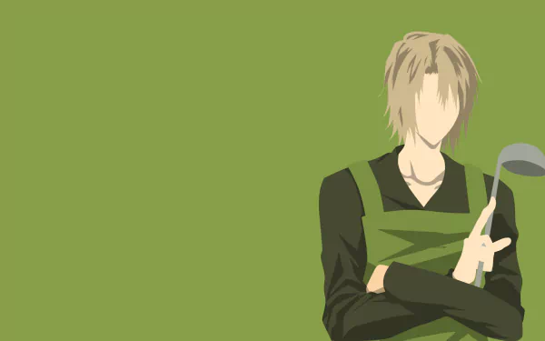 Minimalist anime-style HD desktop wallpaper featuring Shirō Ashiya from The Devil Is a Part-Timer!, rendered with simple shapes and muted green tones.