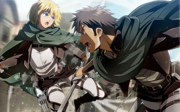 Anime HD desktop wallpaper featuring Jean Kirstein and Armin Arlert from Attack on Titan in dynamic combat poses with 3D maneuver gear.