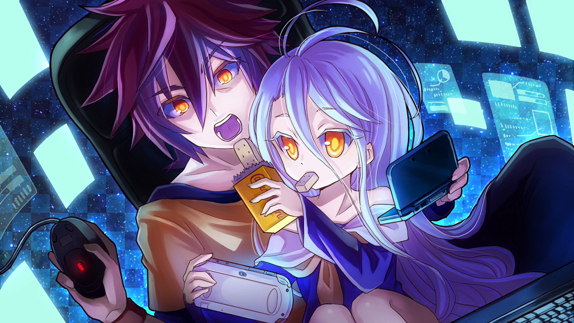 HD desktop wallpaper featuring Sora and Shiro from the anime No Game No Life, with vibrant colors and digital elements in the background.