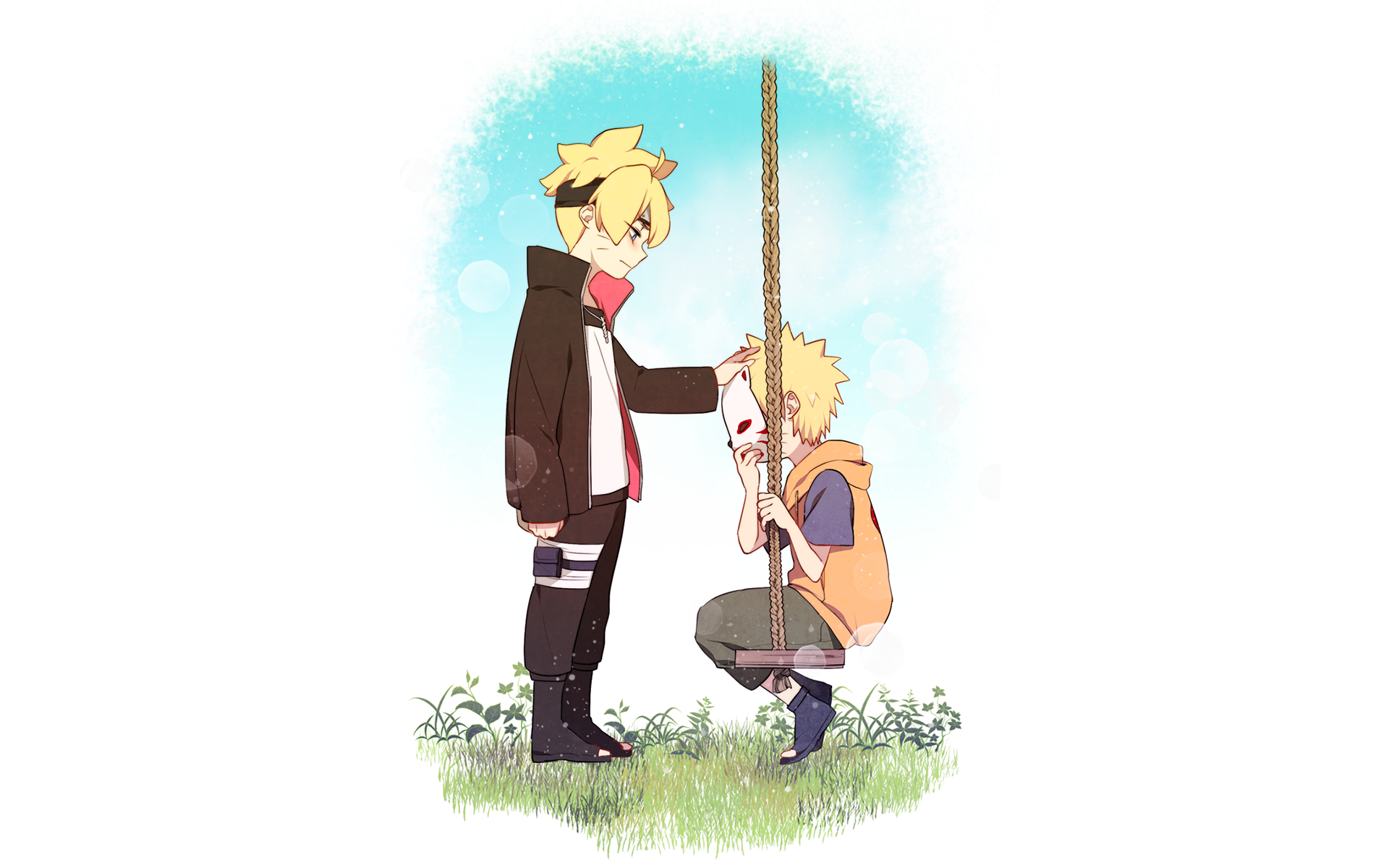 HD wallpaper featuring Naruto Uzumaki and Boruto, in an anime style, with Boruto leaning on a pole and Naruto patting his head, background with a clear sky and grass.