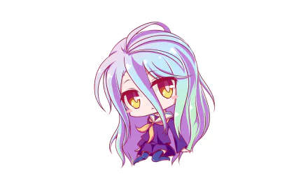Chibi-style Shiro from No Game No Life with pastel hair and large yellow eyes, featured in a vibrant anime HD desktop wallpaper background.