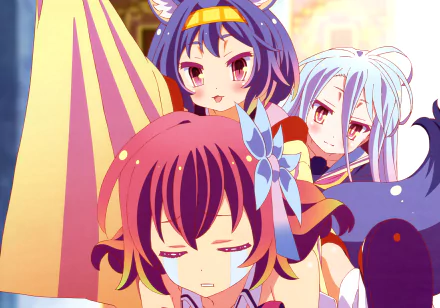 4K Ultra HD anime wallpaper featuring Izuna Hatsuse, Stephanie Dola, and Shiro from No Game No Life in vibrant colors on a PC desktop background.