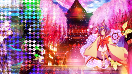 HD anime desktop wallpaper featuring Izuna Hatsuse from No Game No Life, set against a vibrant backdrop of cherry blossoms and traditional Japanese architecture.