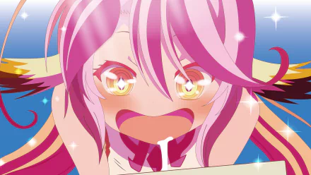 HD desktop wallpaper featuring Jibril from the anime No Game No Life, showcasing her with wide eyes and an excited expression against a vibrant background.