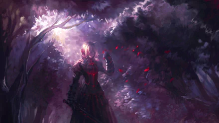 A captivating HD wallpaper featuring Saber Alter from Fate/Stay Night, depicted amidst a mystical forest, blending dark and ethereal elements from the Fate/stay Night: Heaven's Feel movie.
