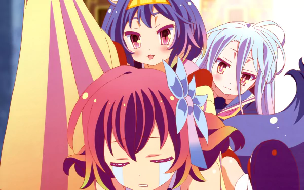 4K Ultra HD anime wallpaper featuring Izuna Hatsuse, Stephanie Dola, and Shiro from No Game No Life in vibrant colors on a PC desktop background.