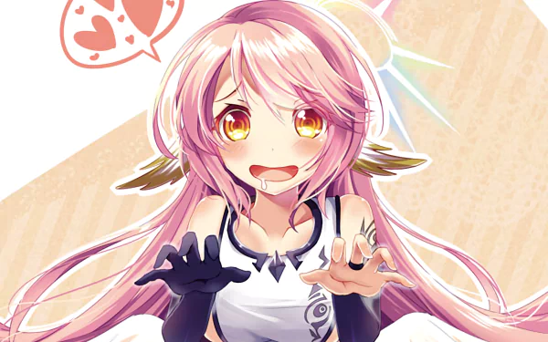 HD desktop wallpaper of Jibril from No Game No Life anime, featuring her with pink hair, golden eyes, and a surprised expression.