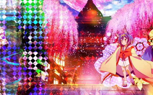 HD anime desktop wallpaper featuring Izuna Hatsuse from No Game No Life, set against a vibrant backdrop of cherry blossoms and traditional Japanese architecture.