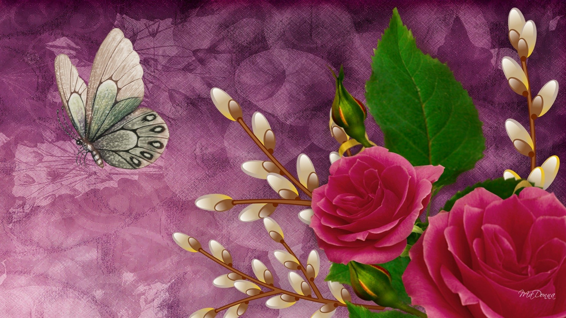 Artistic HD desktop wallpaper featuring vibrant pink roses, delicate pussy willow branches, and a translucent butterfly against a rich spring-inspired background.
