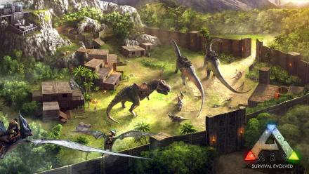 HD desktop wallpaper featuring a vibrant scene from the video game Ark: Survival Evolved, showcasing dinosaurs in a fortified settlement surrounded by lush greenery and mountainous terrain.