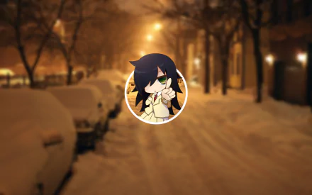HD PC desktop wallpaper featuring a snowy street scene with a small anime-style Watamote character overlay at the center.