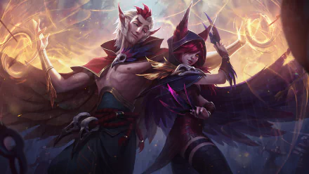 HD desktop wallpaper featuring Rakan and Xayah from League of Legends, showcasing their detailed character design and vibrant colors.